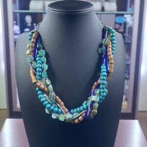 Boho Layered Beaded Necklace Turquoise Wood Glass Shell Coastal Chunky Statement